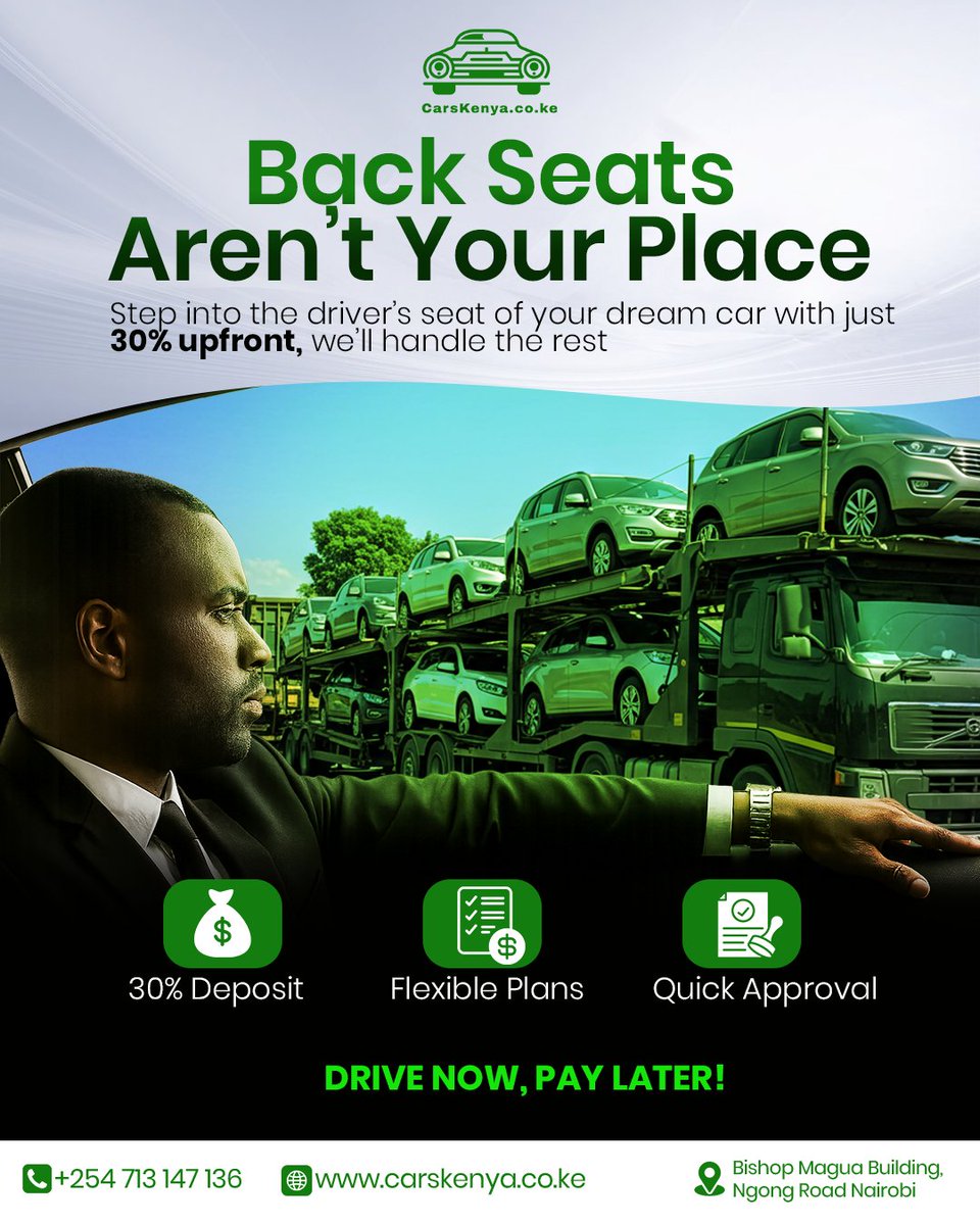 carskenya254's tweet photo. Ever sat in traffic staring at cars on a carrier and thought, “One day…”? That day can actually be sooner than you think.
At CarsKenya, we’re making it easier to step into the driver’s seat of your dream car.
#CarsKenya #DriveNowPayLater #DreamCar #CarFinancing https://t.co/HYMsM1wCRw