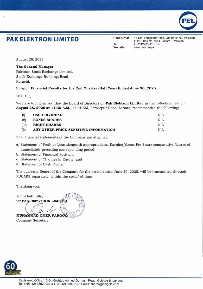 ChasePSXNotices's tweet photo. PAEL - Financial Results for the 2nd Quarter (Half Year) Ended 30-06-2025
#PSX #Stock #News #PAEL #FinancialResults https://t.co/tPSnKCr7sS