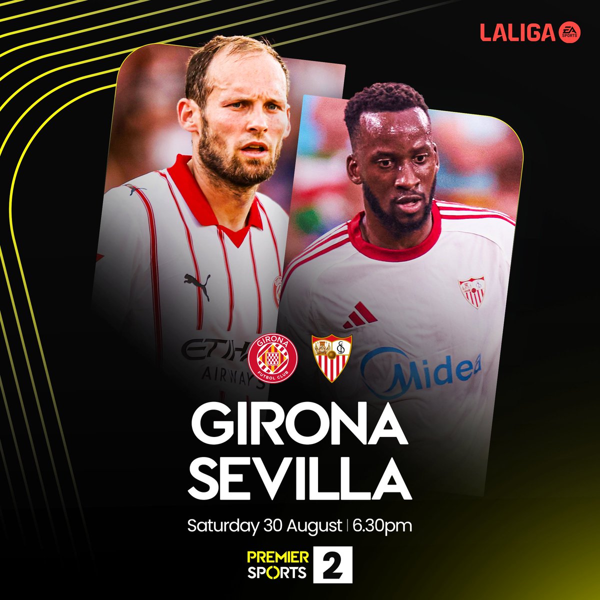 Saturdays <a href="/LaLigaEN/">LALIGA English</a> Action on Premier Sports! ⚽️🇪🇸

<a href="/RealOviedo/">Real Oviedo</a> 🆚<a href="/RealSociedadEN/">Real Sociedad 🇺🇸 🇬🇧</a> 
⏱️8pm
📺Premier Sports 1

<a href="/GironaFC/">Girona FC</a> 🆚<a href="/SevillaFC_ENG/">Sevilla FC</a> 
⏱️8:30pm
📺Premier Sports 2