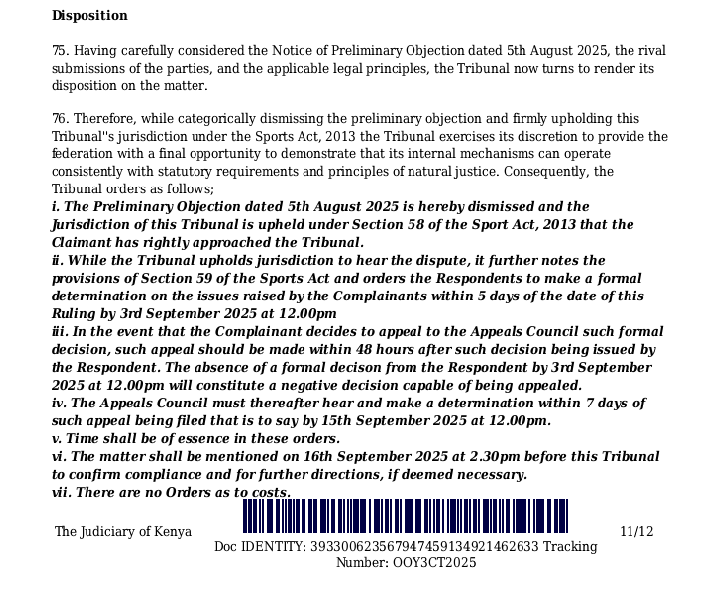 ItsBilaso's tweet photo. The Sports Disputes Tribunal dismisses a preliminary objection filed by the Kenya Rugby Union that sought to block a case brought by Ngong Warriors Rugby Club over access to KRU financial records.

Open the Books KRU

#RugbyKE https://t.co/W1rx7V3hB5