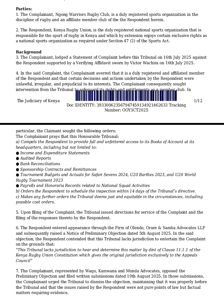 ItsBilaso's tweet photo. The Sports Disputes Tribunal dismisses a preliminary objection filed by the Kenya Rugby Union that sought to block a case brought by Ngong Warriors Rugby Club over access to KRU financial records.

Open the Books KRU

#RugbyKE https://t.co/W1rx7V3hB5