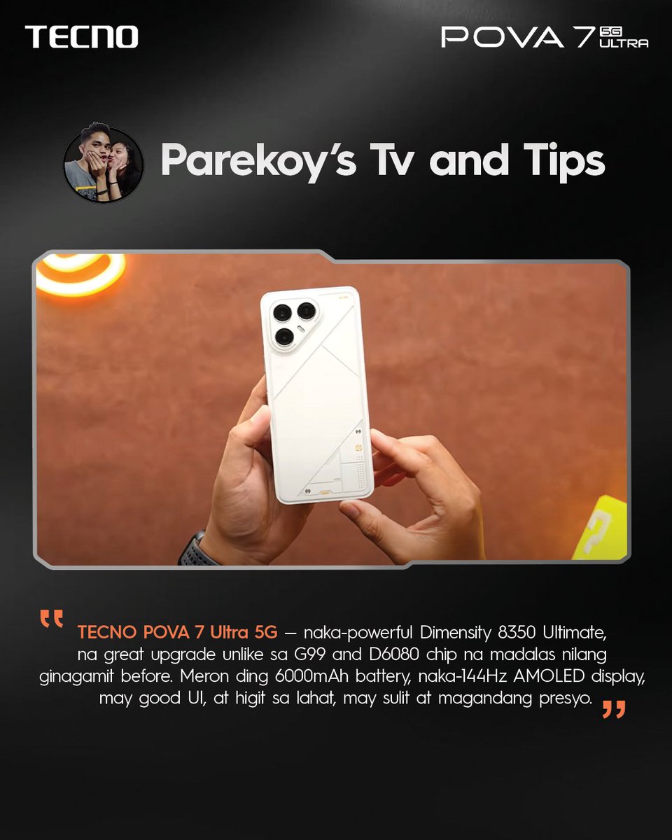 Tecnomobileph's tweet photo. The TECNO POVA 7 Ultra 5G is the phone that combines power, style, and value. As PareKoy's Tv and Tips said, it is sulit and priced just right.
#TECNOPOVA7Ultra5G #BuiltforWinners #No1OfficialGamingPhone #120FPSFrameDominator #TECNOxPUBGM #TECNOPhilippines https://t.co/JmRr8DPeNC