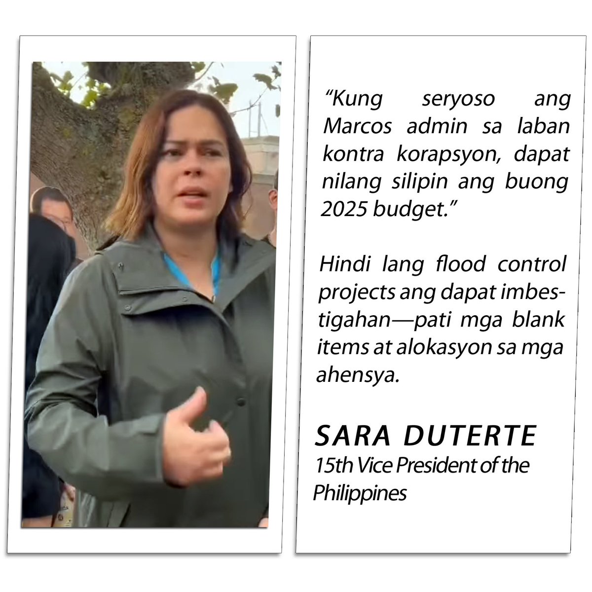 PHILSHIELD85936's tweet image. VP Sara Duterte:   “Kung seryoso ang Marcos admin sa laban kontra korapsyon, silipin nila ang buong 2025 budget—hindi lang flood control, pati mga blangkong item at alokasyon sa ahensya.” #Budget2025 #SaraDuterte #AccountabilityPH #TransparencyNow #MarcosAdmin
