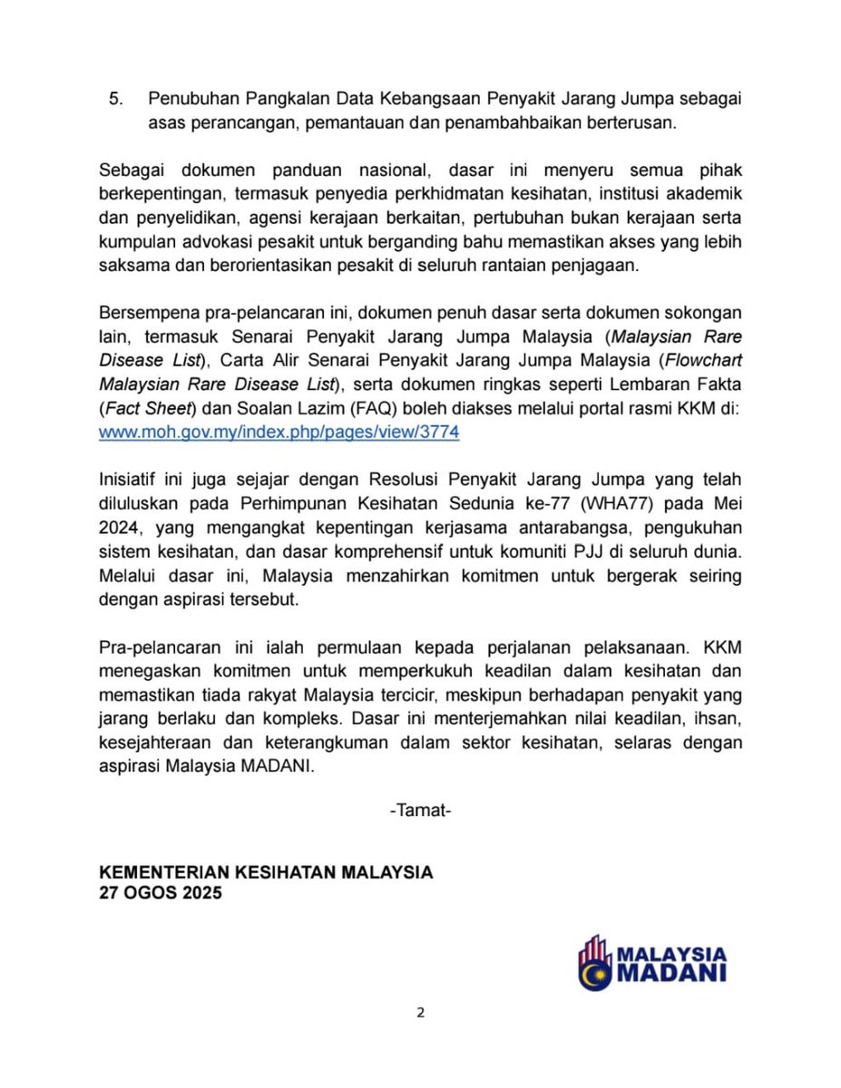 Salam 🇲🇾 MADANI ♥️

🚨 BREAKING NEWS!

Today we unveil through a soft-launch, Malaysia’s FIRST EVER comprehensive framework on rare diseases — the National Policy for Rare Diseases in Malaysia! 🙏🌹

📍 Rare diseases affect fewer than 1 in 4,000 people in 🇲🇾. Globally there are