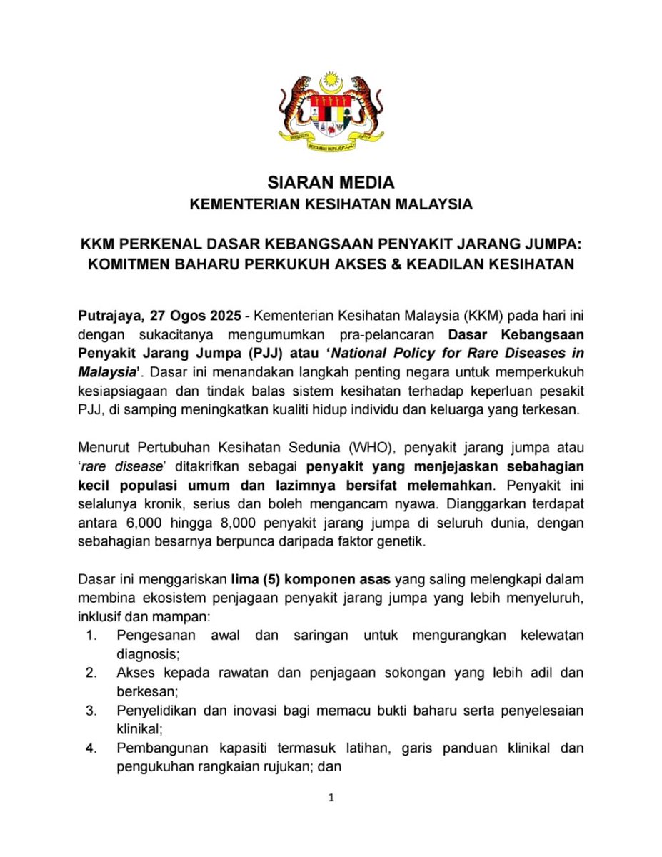 DrDzul's tweet photo. Salam 🇲🇾 MADANI ♥️

🚨 BREAKING NEWS!

Today we unveil through a soft-launch, Malaysia’s FIRST EVER comprehensive framework on rare diseases — the National Policy for Rare Diseases in Malaysia! 🙏🌹

📍 Rare diseases affect fewer than 1 in 4,000 people in 🇲🇾. Globally there are 6,000–8,000 conditions, mostly genetic. Yet, only ~5% have approved treatments. This is why policy matters.

📍 Our policy pillars: early detection to shorten the “diagnostic odyssey”, fairer access to treatment, research & innovation, stronger clinical capacity, and a National Rare Disease Database.

📍 At the WHA78 in Geneva, 🇲🇾 joined the global call for action on rare diseases. Today we follow through — turning advocacy into real policy at home. 🌍

Behind every statistic is a child, a parent, a family waiting for answers. 🌹

Their journey has been long, uncertain, and often lonely. This policy is our promise: you will not be left behind. ❤️

STAY TUNED FOR FOR THE FULL UNVEILING IN ASEAN - FEBRUARY 2026 💪🏻

🔗 More info & documents: https://t.co/i21vhHmVUr

#KKMPrihatin #MalaysiaSihat #MalaysiaMADANI #RareDisease
#MADANIBekerja