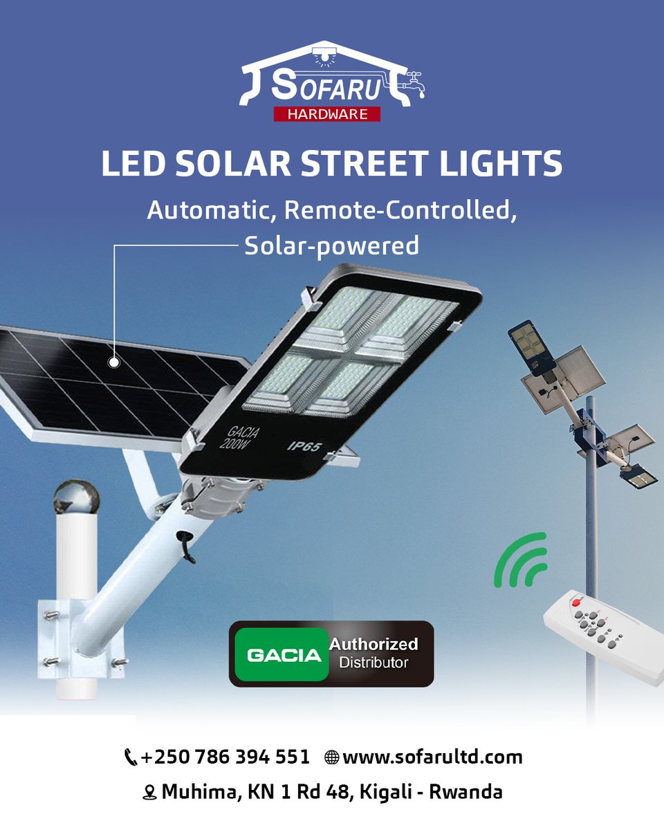 sofarultd's tweet photo. Bright. Durable. Energy-Saving.

High Lumen Solar LED Street Lights now at SOFARU Rwanda! Perfect for roads, compounds, warehouses &amp; more. Waterproof &amp; low-maintenance — cut energy costs today.

KN 1 Rd 48, Muhima – Kigali | 0786394551

#SolarLights #Rwanda #SOFARU #EnergySaving https://t.co/C8f5XRi2M2