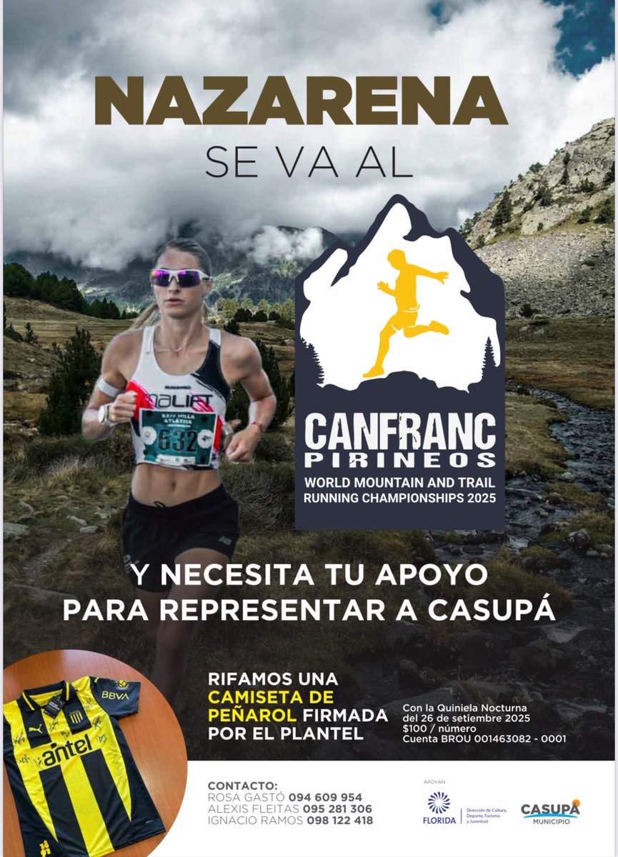 Me voy al mundial en Canfranc 🇪🇸 y desde 🇺🇾 estamos haciendo una rifa gracias a <a href="/OficialCAP/">PEÑAROL</a> se sorteará una camiseta oficial firmada por el plantel 💛🖤

Comprando un numerito me ayudan demasiado a costear los gastos ya que lamentablemente el trail en Uruguay no tiene apoyo 💔