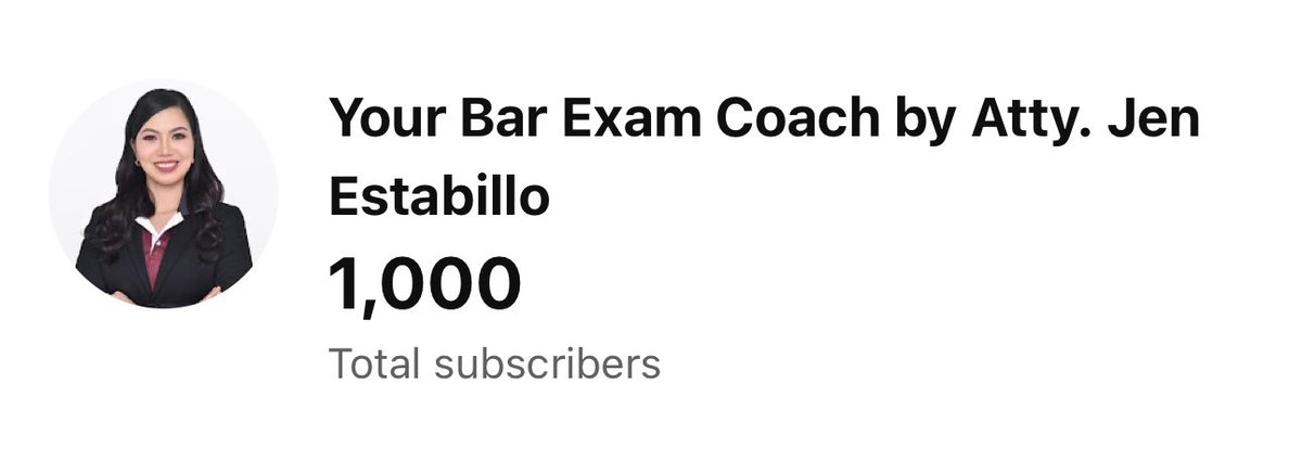 barexamcoach22's tweet image. Thank you to 1000 subscribers! 💕

I will be uploading the 2nd part of my lecture on Practical Exercises this weekend. Stay tuned! 

YouTube link -  youtube.com/@attyjenestabi…

#YourBarExamCoach 
#BarExam