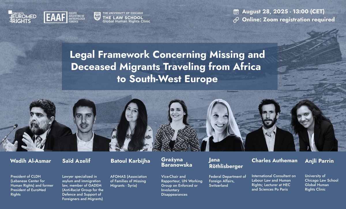 📢 Happening Now!

Ahead of the International Day of Victims of Enforced Disappearances, join our webinar &amp; report launch:
"Legal Framework Regarding Missing and Deceased Migrants Traveling from Africa to Southwestern Europe"
<a href="/eaafoficial/">Equipo Argentino de Antropología Forense</a> 

🔴 Follow live: fb.watch/BLYJBT9d5N/