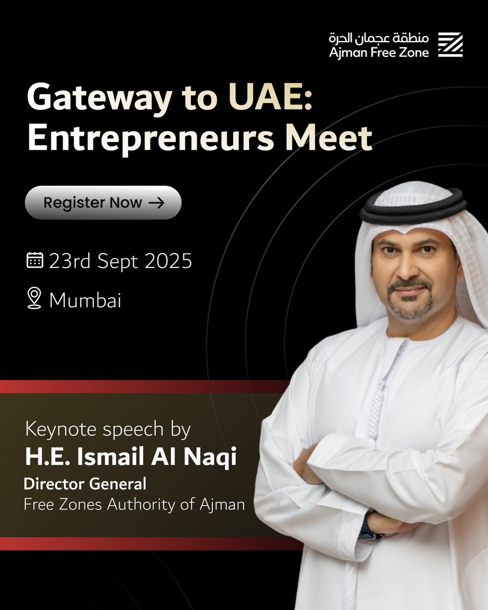 🚀Gateway to UAE: Entrepreneurs Meet | 23rd September, Mumbai

This exclusive meet brings together startups, business owners, and industry leaders to explore how Indian businesses can tap into the immense opportunities the UAE offers.✨

🔗 Register now : bit.ly/41oHh70