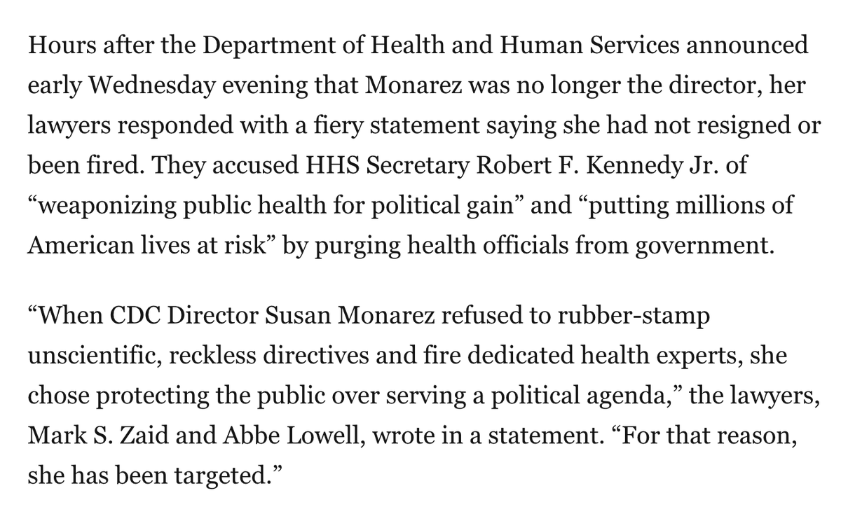 To be clear, CDC Director Susan Monarez was nominated by Trump and confirmed in a party line vote 51-47 by Republicans a month ago.

She refused to resign amid pressure to change vaccine policy, so now RFK Jr. is trying to fire her.

This is literally *their pick* for this post: