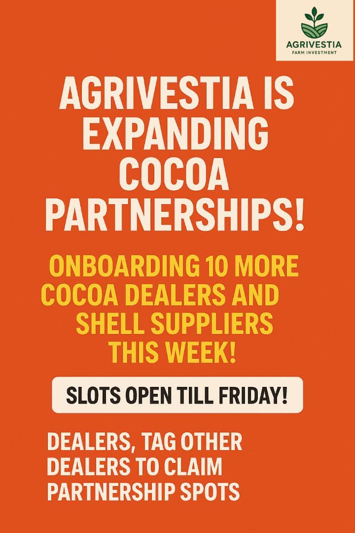 Agrivestia's tweet image. 🚨 Big News! 🚨
Agrivestia is expanding cocoa partnerships!

We’re onboarding 10 more cocoa dealers &amp;amp; shell suppliers THIS WEEK.
👉 Slots close Friday!

Tag a dealer who shouldn’t miss this opportunity.
📩 DM us now to secure your spot!

#CocoaBusiness #Agrivestia #Partnership