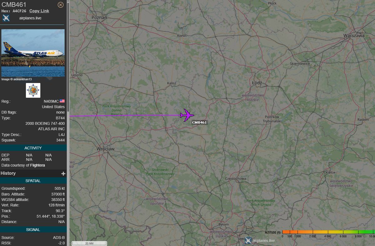 PolishMilRadar's tweet photo. 📅 28.08 🕓 11:57LT
Z Bazy Lotniczej Dover #KDOV 🇺🇸 do Lublina #EPLB 🇵🇱 leci ✈️ #CMB461 Boeing 747-47UF "N409MC" linii lotniczej Atlas Air 🇺🇸, wykonujący lot cargo na zlecenie Dowództwa Transportu Sił Zbrojnych USA #USTRANSCOM 🇺🇸
🔗 https://t.co/PmWatYwhV4
#POLMILRADAR https://t.co/r5Iq8mEAEt