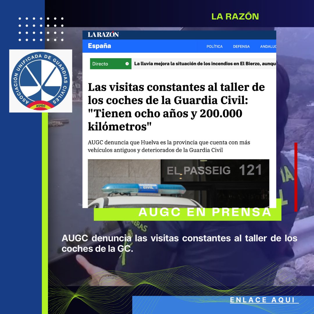 🚔 Los coches de la #GuardiaCivil acumulan más de 8 años y 200.000 km.

🔧 En Huelva, muchos vehículos están tan deteriorados que pasan más tiempo en el taller que en la carretera.

Desde AUGC denunciamos esta situación: no se puede garantizar la seguridad ciudadana con medios
