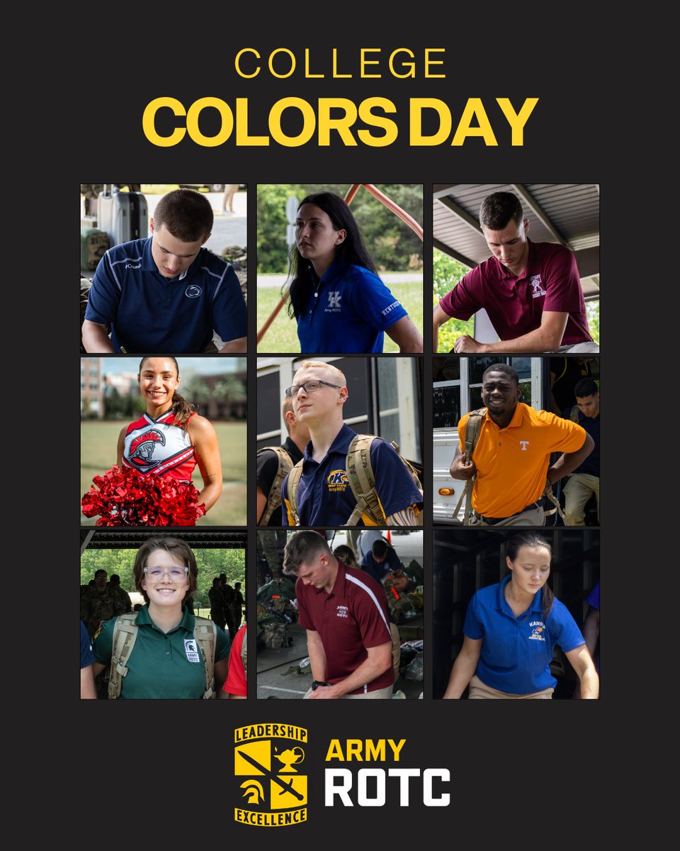 JoinArmyROTC's tweet photo. 🎓 College Colors Day is tomorrow, 29 August! 🎓 
Rep your favorite college or university by rocking a college shirt or jersey. Let’s see that school spirit! 🙌 
#CollegeColorsDay #CollegeFirst #ArmyROTC https://t.co/MkXX0EjUUy
