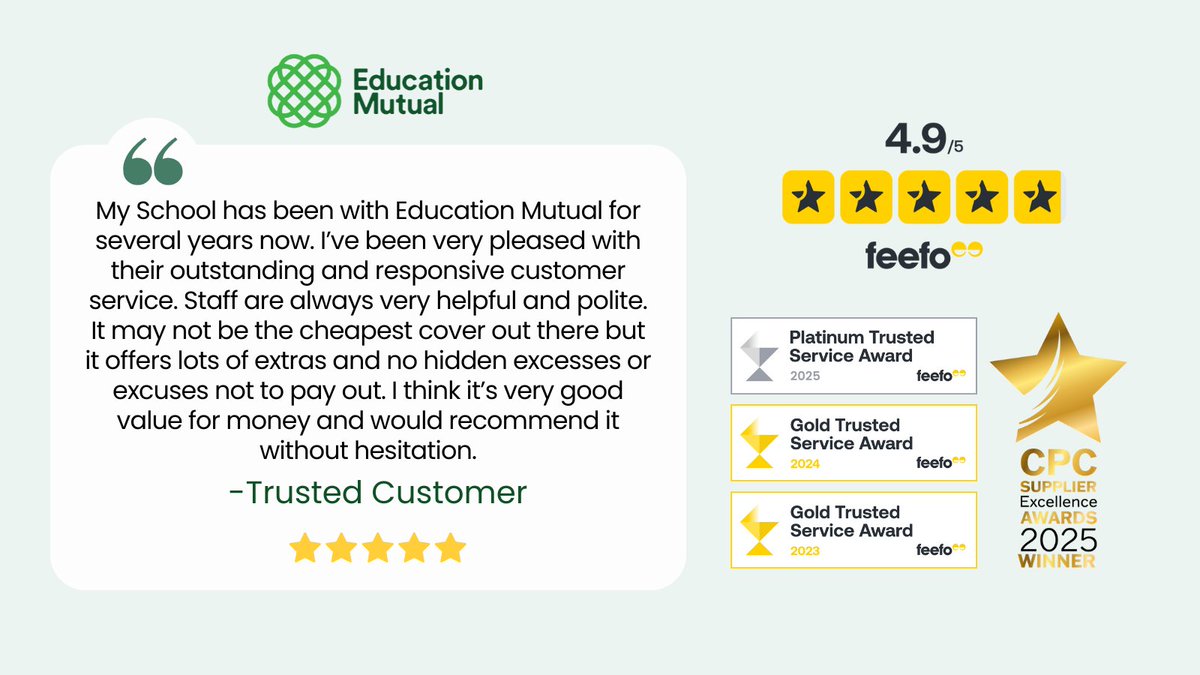 EducationMutual's tweet image. It's the first Feefo Friday of the new academic year! 🎉

➡️ Read more of our 1,000+ five star reviews here: feefo.com/en-GB/reviews/…