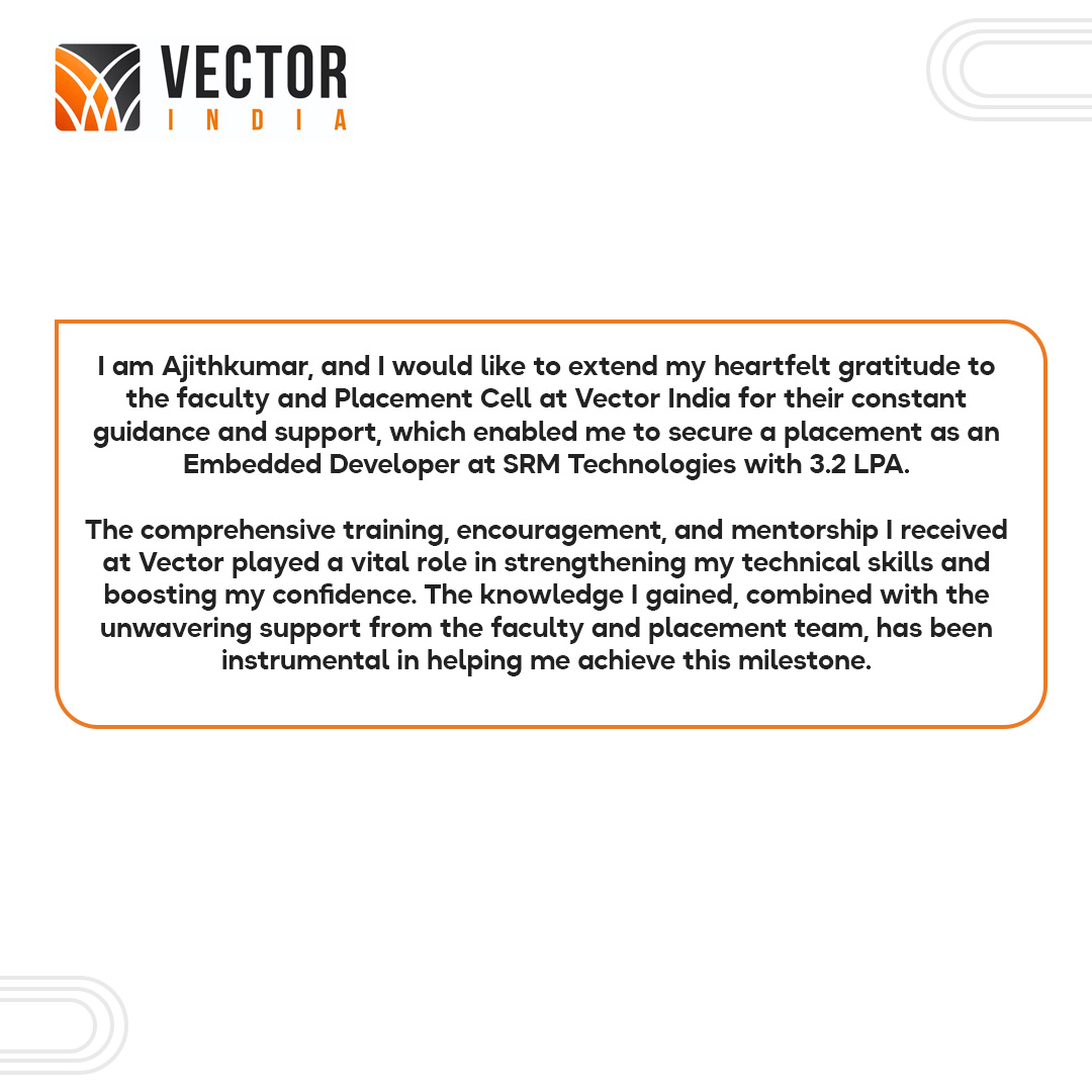 Vector_India's tweet image. Proud moment! AJITHKUMAR M from Chennai bags a placement as Embedded Developer at SRM Technologies with 3.2 LPA!
At Vector India, we empower talent & pave the way for success Your dream job is closer than you think!
Karpagam Institute of Technology
#EmbeddedDeveloper #DreamBig