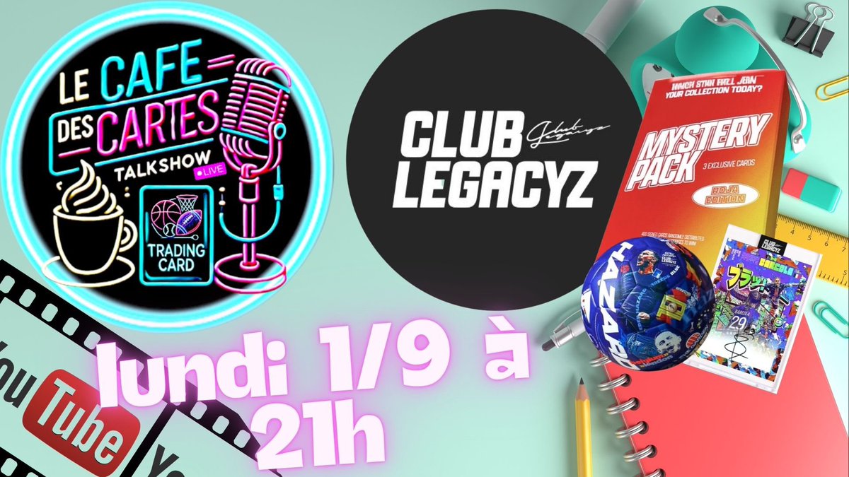 ☕️ 💼 Lundi 21h en live sur Twitch et YouTube : c’est la rentrée du #CaféDesCartes !  
Au programme : des #NewsCards, des actus, des calendriers, de superbes cartes du #SummerHobby et des invités de marque : @ClubLegacyZ.  
Réserve ta soirée et viens vibrer avec nous pour le