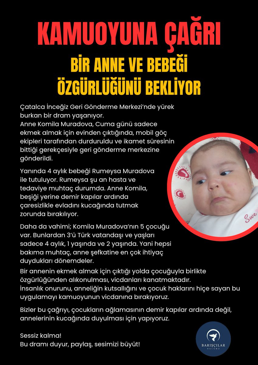 📢 | Komila Muradova’ya Özgürlük

Komila Muradova 5 çocuk annesi.
3 çocuğu Türk vatandaşı.
4 aylık bebeği Rumeysa hasta halde geri gönderme merkezinde tutuluyor.
Bu haksızlığa sessiz kalma!

Saat 22:00'da gündem çalışması için açılacak odamıza davetlisiniz...