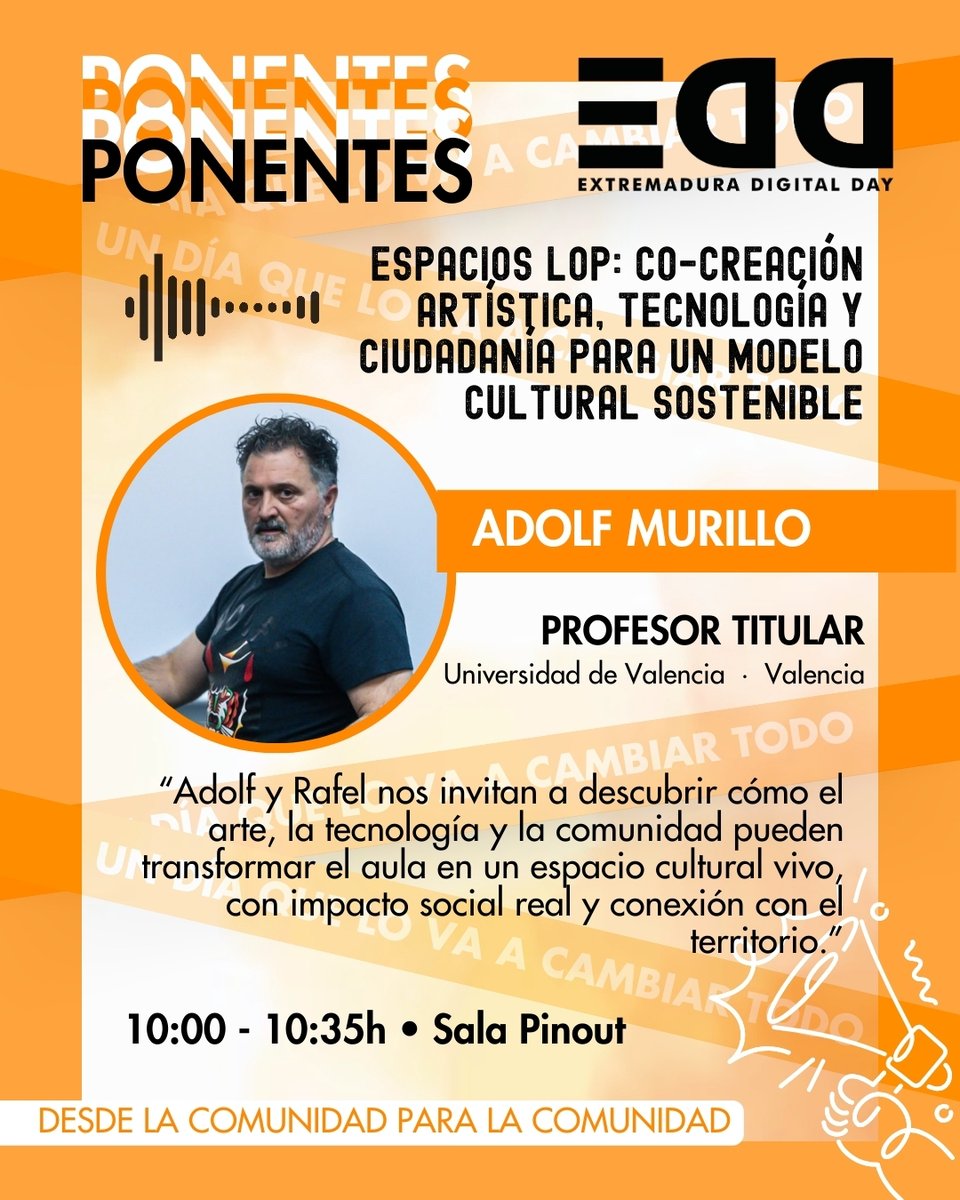 extredigitalday's tweet photo. 🎨 En #EDD25, Rafel Arnal &amp; Adolf Murillo presentan:
Espacios LOP: co-creación artística, tecnología y ciudadanía para un modelo cultural sostenible

⏰ 10:00h | Sala Pinout

➡️ https://t.co/7WwYrGmbk2

➡️ https://t.co/c24w0wwBT1

#Cáceres #Educación #ArteyTecnología https://t.co/bIbuoot5NP