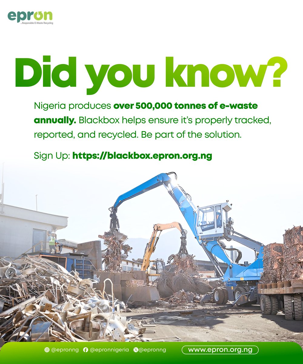 Nigeria generates over 500,000 tonnes of electronic waste every single year

This is where our Black Box steps in.  
Our mission is simple but powerful: to turn what many see as “waste” into an opportunity for a cleaner environment.

Sign up: blackbox.epron.org.ng

#EPRON #EEE