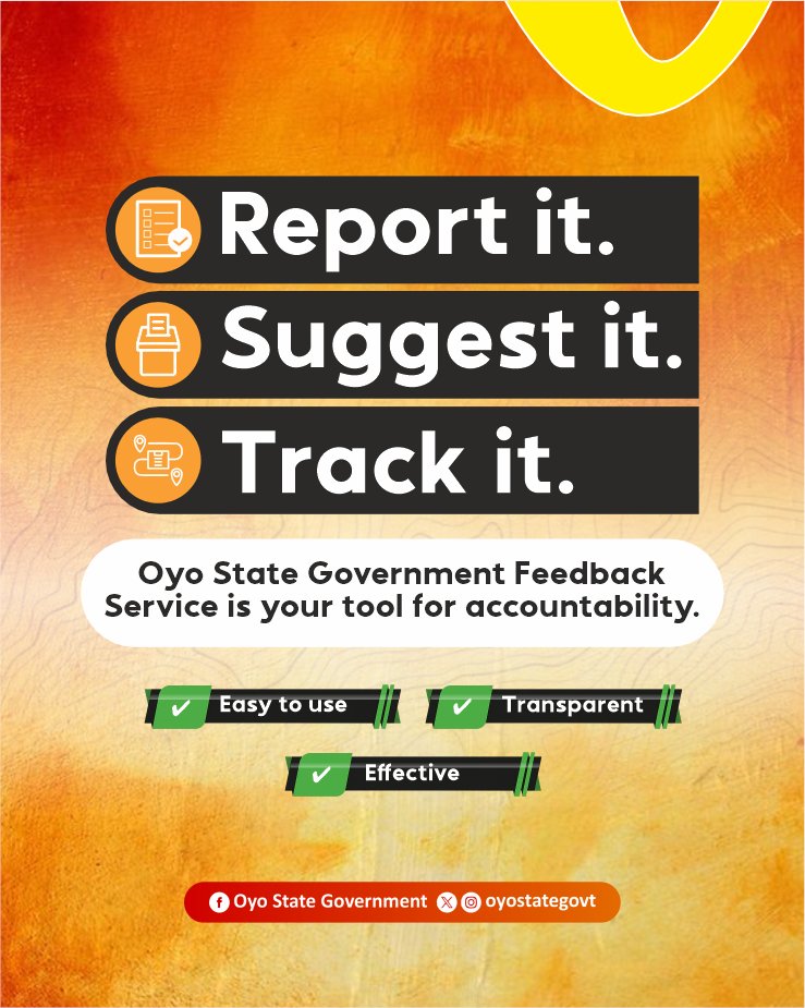 Oyo State Government (@oyostategovt) on Twitter photo Whether it is a broken streetlight, poor service, or a bright idea, the Oyo State Government Feedback Service helps you take action, not just complain.
Real governance listens. We’re here <a href="/FeedbackOYSG/">Oyo State Government Feedback</a>. Whether it is a broken streetlight, poor service, or a bright idea, the Oyo State Government Feedback Service helps you take action, not just complain.
Real governance listens. We’re here <a href="/FeedbackOYSG/">Oyo State Government Feedback</a>.