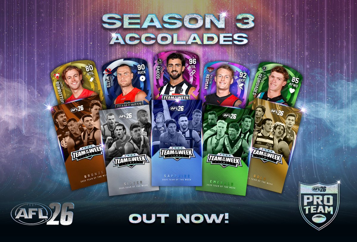 AFL 26 – Season 3 + Store Rollover is LIVE!

Season 3 of #AFL26 #ProTeam is here – and it’s all about Accolades, celebrating the strongest players of the 2025 AFL Season!

Kicking off with Teams of the Week – over **500 new cards** featuring stars from across all 25 Rounds, with
