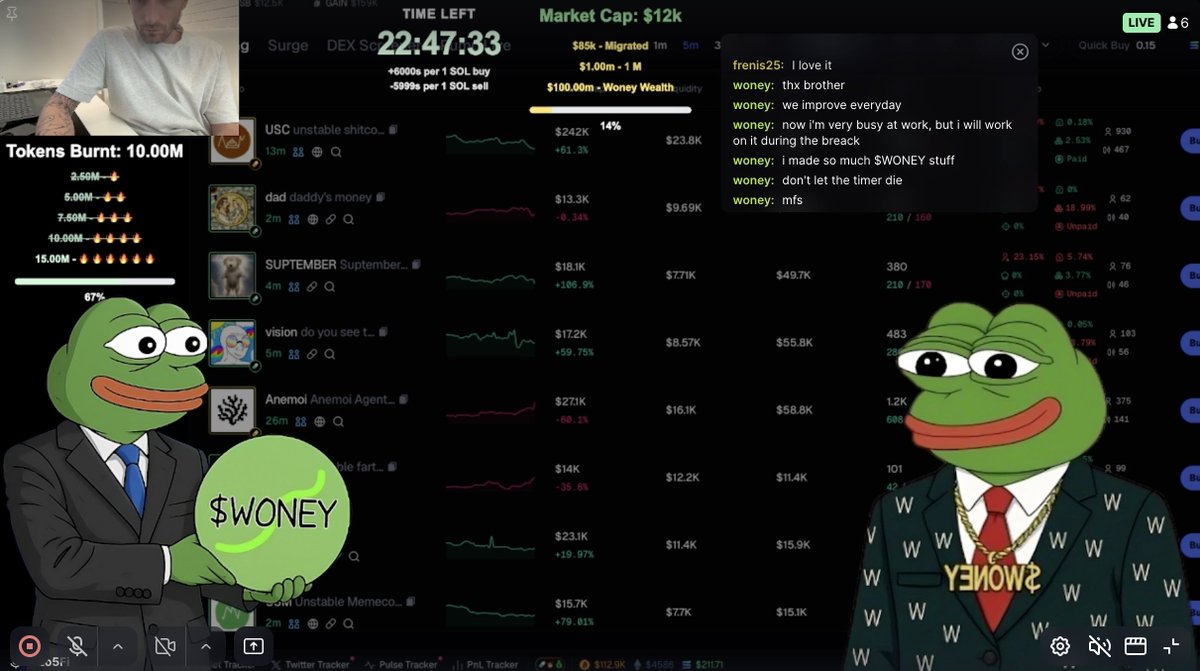 🚨 WOИƎ⅄ MONEY 🚨
Day 9 - Streaming 24/7 on <a href="/pumpdotfun/">pump.fun</a> 🎥

🔔 <a href="/streamdotfun/">streamdotfun</a> configured!

🤖 Buy bot alert
💰 MC Goals
🔥Burned Supply
⏳ Countdown for the marathon

💥 Tap in now!
pump.fun/coin/6bunJ76HV…