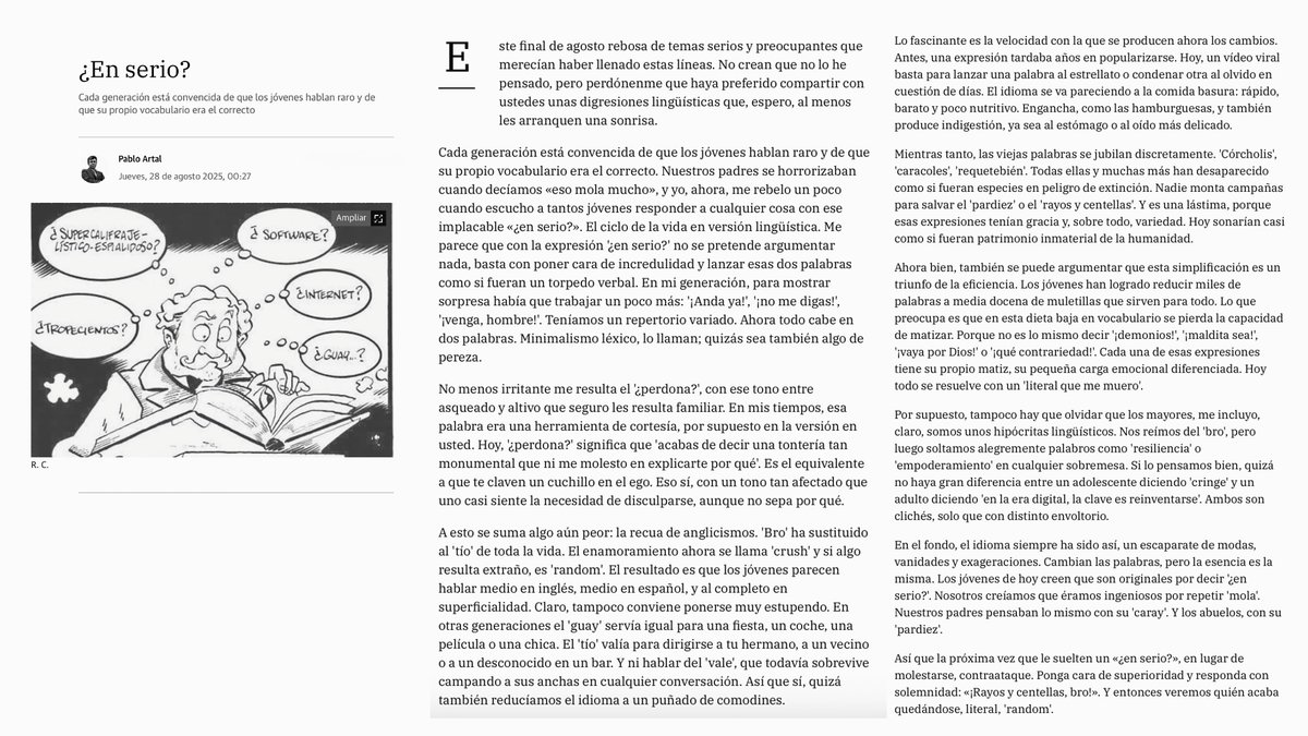 "¿En serio?"                  

Mi artículo de opinión quincenal de hoy en <a href="/laverdad_es/">laverdad_es</a>

"...la próxima vez que le suelten un «¿en serio?»... responda con solemnidad: «¡Rayos y centellas, bro!». Y entonces veremos quién acaba quedándose, literal, random"