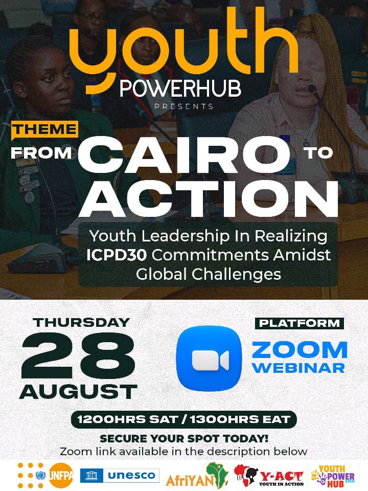 AfriYAN (@afriyanesa) on Twitter photo 30 yrs after the landmark #ICPD Conference, youth are leading the way!
Join <a href="/YouthPowerHub/">Youth Power Hub</a>, <a href="/UNFPA_ESARO/">UNFPA East and Southern Africa</a>, <a href="/YACT_Africa/">Y-ACT, Youth in Action</a> & <a href="/AfriYANESA/">AfriYAN</a> for a dynamic webinar on youth leadership in advancing #SRHR, gender equality & sustainable development.
🔗 Register: amref.zoom.us/webinar/regist… 30 yrs after the landmark #ICPD Conference, youth are leading the way!
Join <a href="/YouthPowerHub/">Youth Power Hub</a>, <a href="/UNFPA_ESARO/">UNFPA East and Southern Africa</a>, <a href="/YACT_Africa/">Y-ACT, Youth in Action</a> & <a href="/AfriYANESA/">AfriYAN</a> for a dynamic webinar on youth leadership in advancing #SRHR, gender equality & sustainable development.
🔗 Register: amref.zoom.us/webinar/regist…