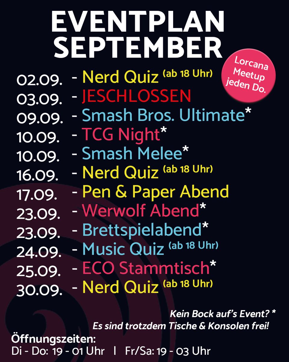 Im September könnt ihr wieder ohne Einschränkung all unsere Eventreihen genießen. Zusätzlich geht auch Smash Bros. Ultimate in die nächste Runde. Außerdem haben wir unter den drei (!) Nerd Quizzes auch ein Special für euch: das Fantasy Special am 02. September.

#monatsplan