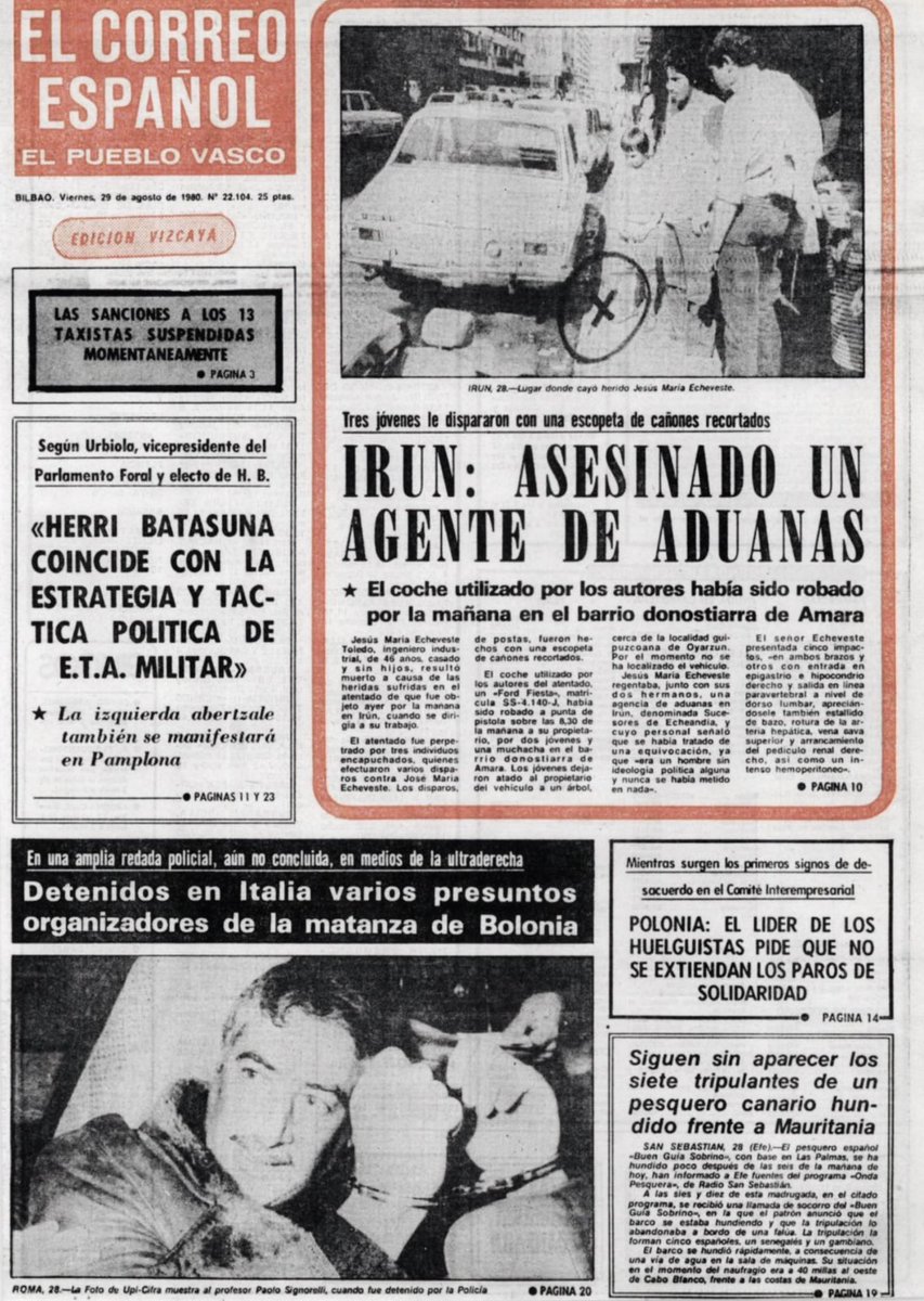 ConsuorF's tweet photo. #TalDiaComoHoy de 1980 #ETA asesinó en #Irún al empresario JESÚS MARÍA ECHEVESTE cuando se dirigía a trabajar, un terrorista por la espalda le disparó, cayó de bruces sobre el maletero de un coche estacionado y quedó tendido en el suelo.
 
También #Impune

Esto era ETA

🧵 https://t.co/TifDjLckKs