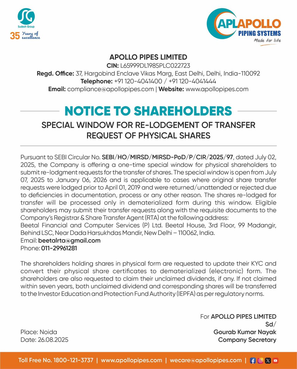 Important Notice for Shareholders: Re-lodgement window open for transfer requests of physical shares.

Click on the link below to know about the circular:
apollopipes.com/public/media/s…