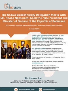 Bio Usawa Biotech Meets Mr. Ndaba Nkosinathi Gaolathe, Vice President and Minister of Finance of the Republic of Botswana 🇧🇼

The Bio Usawa Biotech team, led by Dr. Menghis Bairu, was honored to meet H.E. Mr. Ndaba Nkosinathi Gaolathe, Vice President and Minister of Finance of