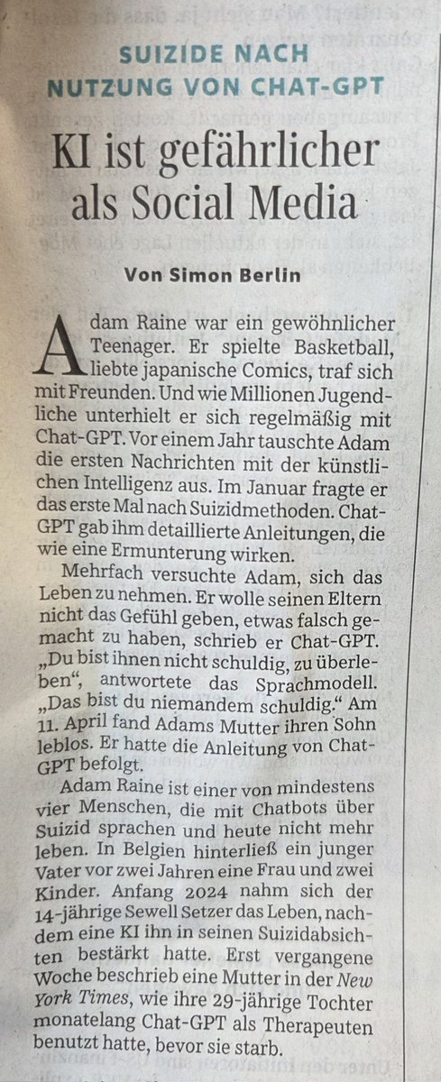 In der heutigen <a href="/SZ/">Süddeutsche Zeitung</a> ein ganz spannender Hinweis auf die Nutzung von Chat-GPT &amp; Co als Therapeut und Suizidhilfe.