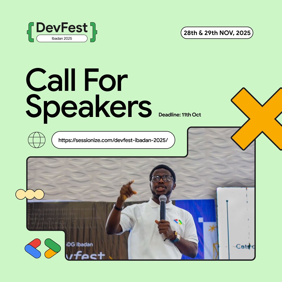 ✨ Call for Speakers is OPEN! ✨

Have insights, stories, or skills to share with the tech community? Here’s your chance to shine at #DevFestIbadan 2025🎉

📅 Nov 28–29, 2025
📍 Ibadan

Apply via the link in bio &amp; tag someone who belongs on stage!

#GDGIbadan #DevFestIbadan25