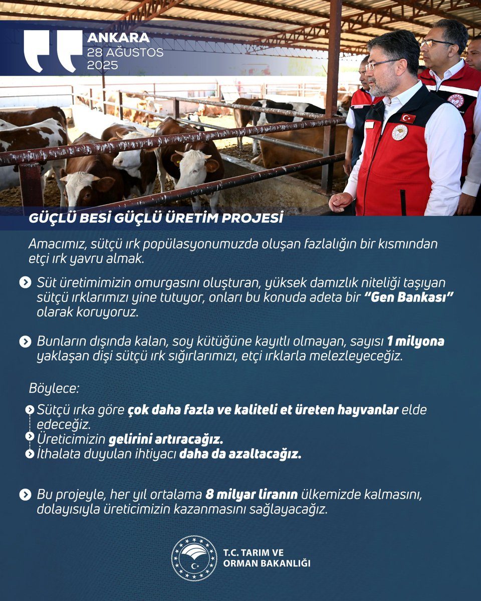 T.C. Tarım ve Orman Bakanlığı (@tctarim) on Twitter photo Bakanımız Sayın <a href="/ibrahimyumakli/">İbrahim Yumaklı</a>:
"Bu projedeki ana amacımız, sütçü ırk popülasyonumuzda oluşan fazlalığın bir kısmından etçi ırk yavru almak.” Bakanımız Sayın <a href="/ibrahimyumakli/">İbrahim Yumaklı</a>:
"Bu projedeki ana amacımız, sütçü ırk popülasyonumuzda oluşan fazlalığın bir kısmından etçi ırk yavru almak.”