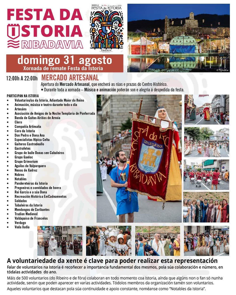 ✨ #Ribadavia (#Ourense - #Galicia) vuelve a transformarse con la #FestaDaIstoria.
Un fin de semana de...
📜 Desfiles medievales
🛍️ Mercado artesanal
⚔️ Torneos y espectáculos
🎶 Música y animación en cada rincón
🍇 El mejor vino del Ribeiro
#Programa: 📷 adjuntas 😉👍