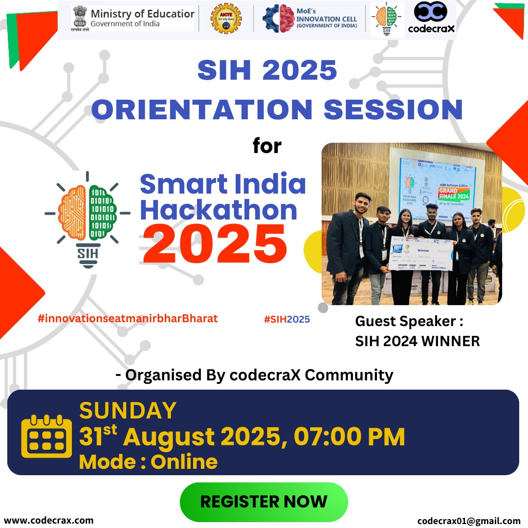 codecrax_'s tweet image. We at codecraX Community are thrilled to host an Orientation Session for Smart India Hackathon (SIH) 2025 🎯

Register now : lu.ma/e2gq14gx
WhatsApp group: chat.whatsapp.com/ILYvYrDDl73I23…