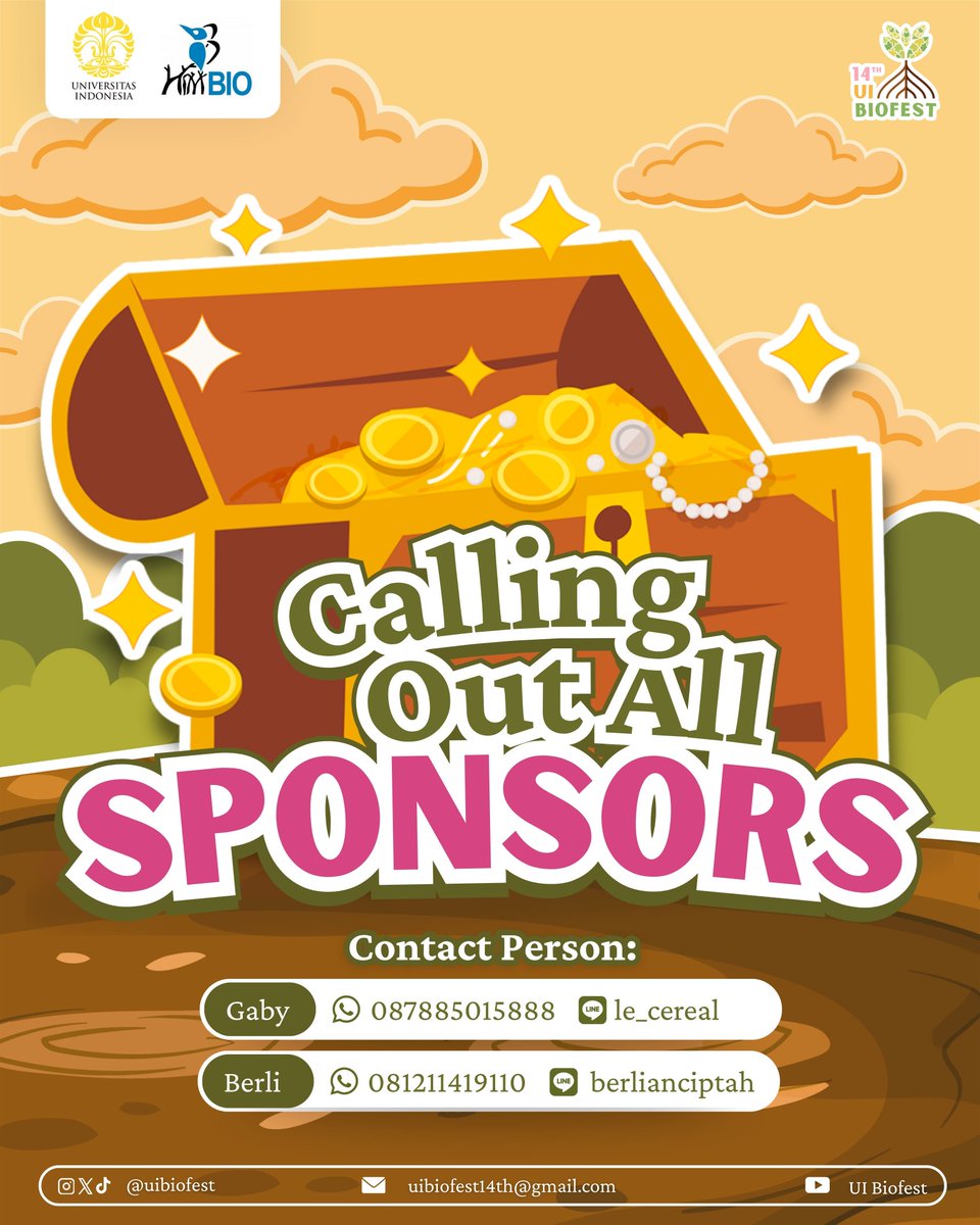 Halo Green Buddies! UI Biofest 14th akan segera hadir 🤩 Kami membuka kesempatan bagi oara sponsor untuk ikut serta dalam perjalanan ini 💫

📩Jika tertarik, hubungi kontak di bawah ini: 
👤 Gaby – 087885015888 (Line: le_cereal)
👤 Berli – 081211419110 (Line: berlianciptah)