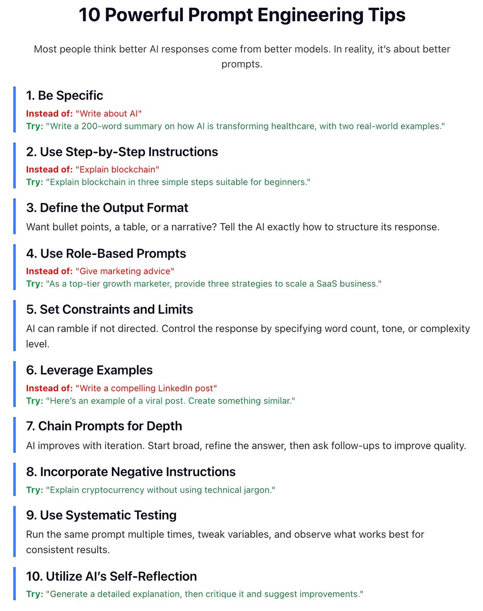alex_prompter's tweet image. Holy sh*t… it’s not the model, it’s the prompt

Most people blame the AI.

But 95% of the time, the real problem is your prompt.

10 advanced techniques that instantly level up your AI results: