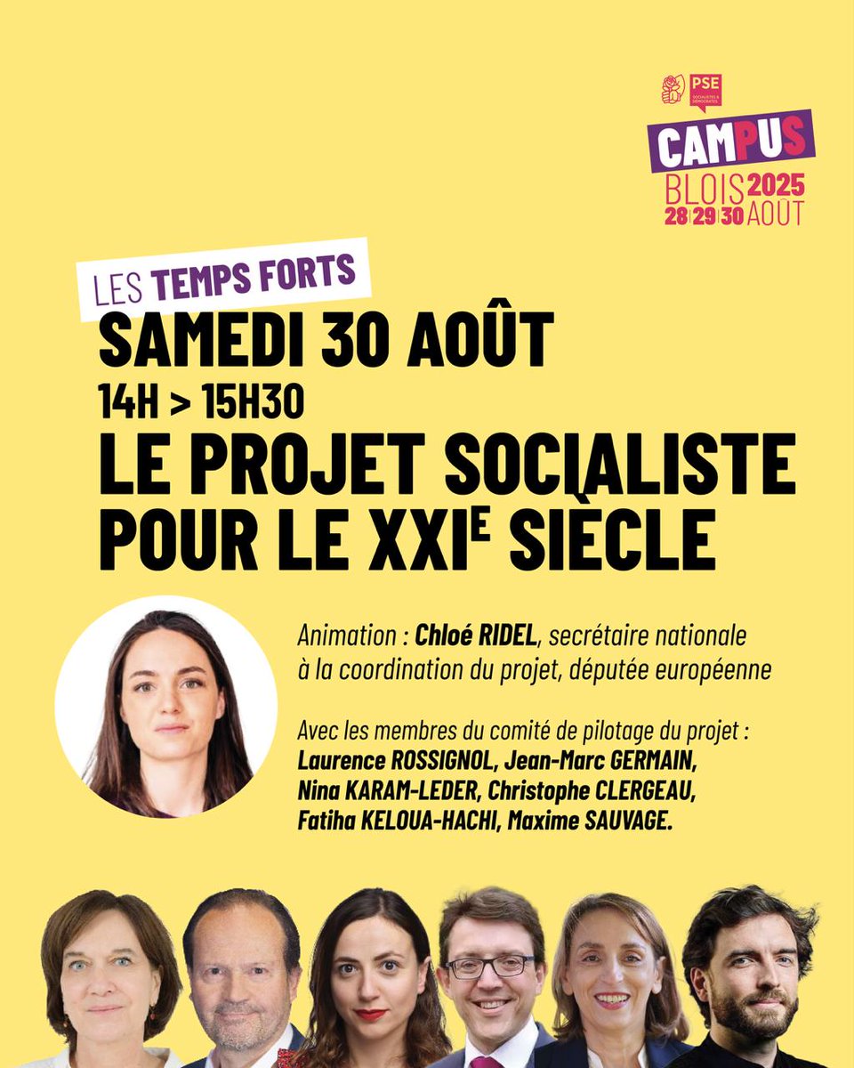 📣 Les temps forts du #CamPuS2025 !

Refonder le projet socialiste pour le 21ème siècle : on en parle avec Chloé Ridel et les membres du comité de pilotage du projet samedi à 14h, à Blois, sur le CamPuS socialiste.

Retrouve l’intégralité du programme👉 parti-socialiste.fr/campus_blois_2…