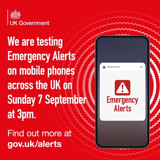 The government will be testing the Emergency Alerts system on Sunday 7 September 2025 at 3pm.

Your phone may sound and display a message. No action is required.
For more information bit.ly/42pWvHA
