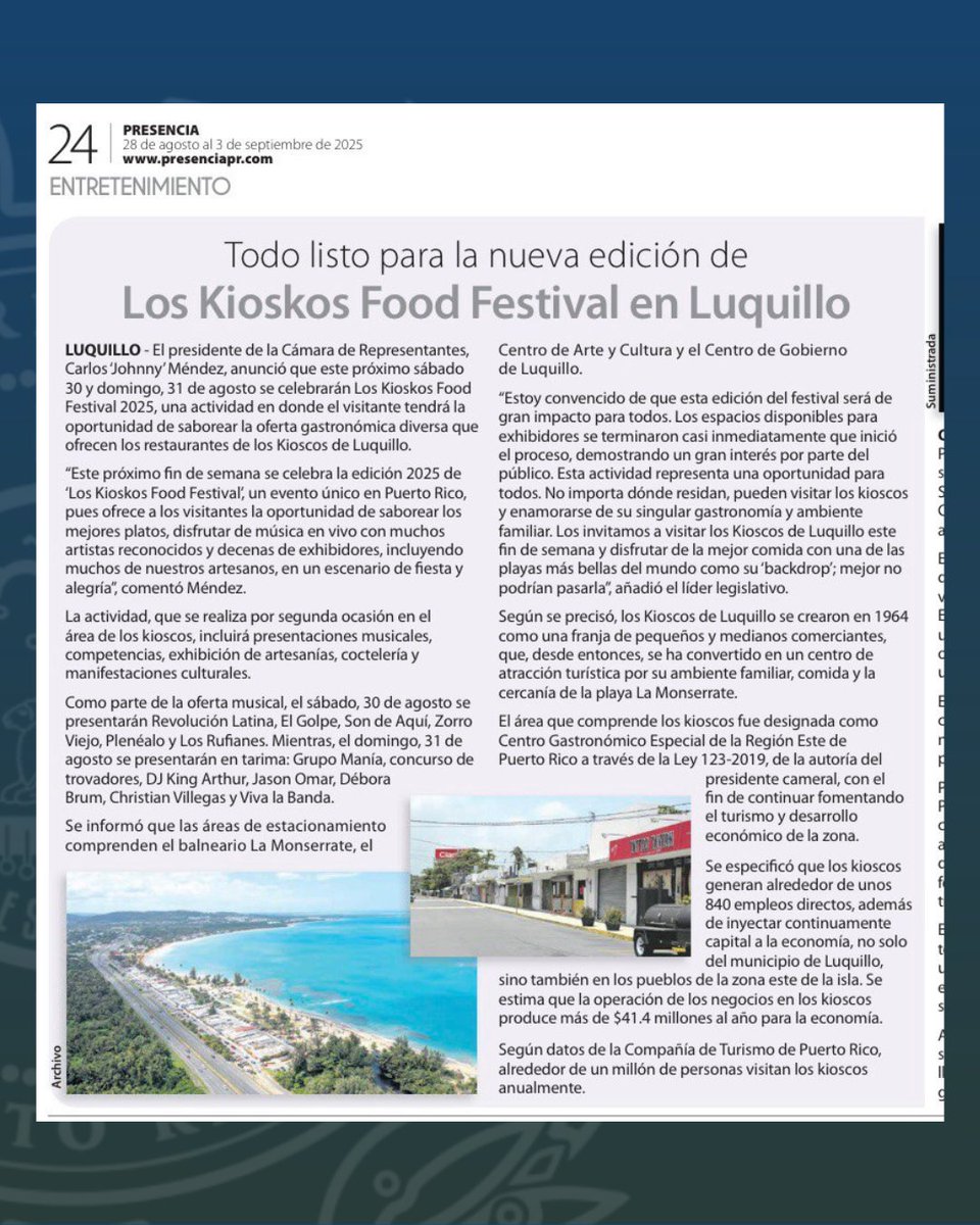 CamaraConPR's tweet image. 📰 | Este fin de semana Luquillo se llena de sabor y cultura con Los Kioskos Food Festival 2025.

Desde la Cámara de Representantes apoyamos esta gran celebración que impulsa el turismo y nuestra gente.

#CámaraPR #Compromiso #Progreso #Futuro