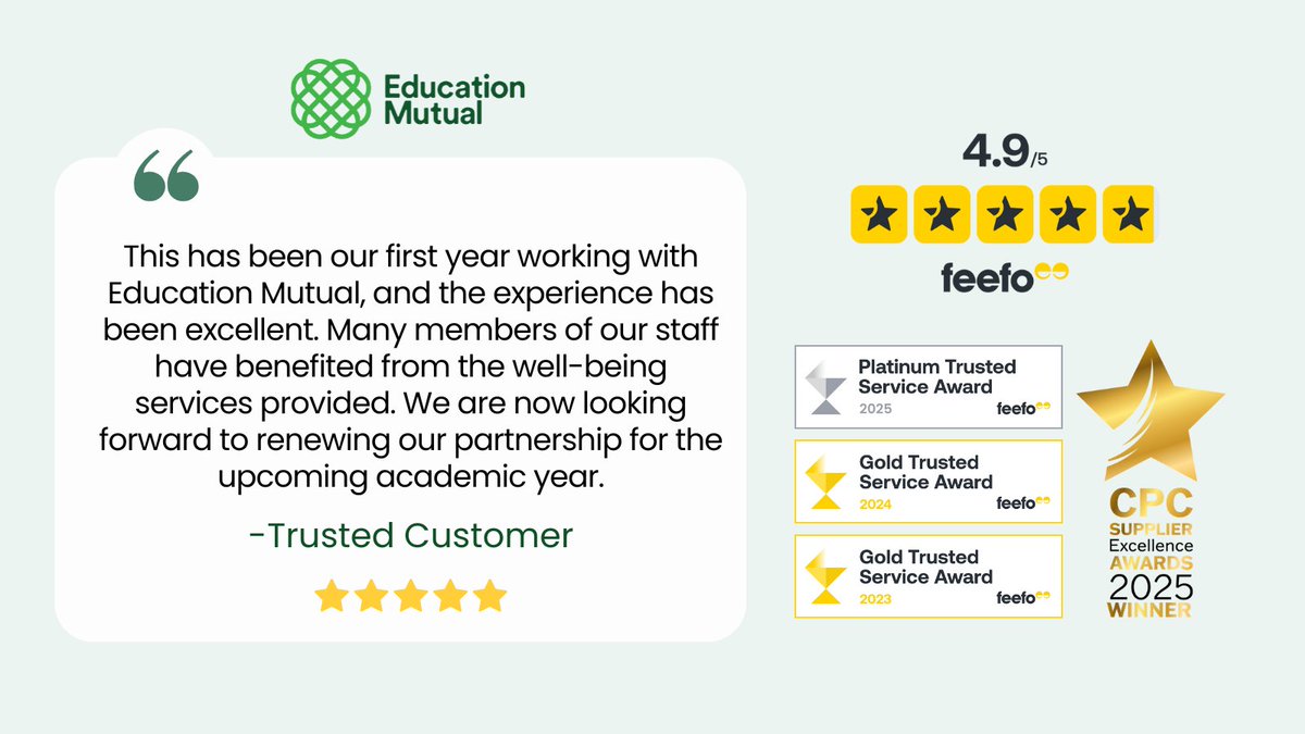 EducationMutual's tweet image. Happy Feefo Friday! 🎉

We love hearing from some of our newer members who are excited to renew with us!

➡️ Read some of our 1,000 five star reviews here: feefo.com/en-GB/reviews/…