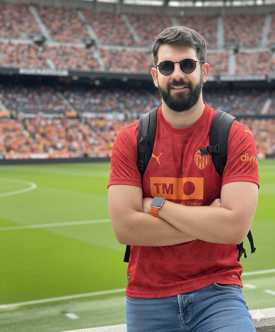 jlacort's tweet image. Nano Banana es una salvajada. "Ponle al hombre de la foto la camiseta roja que te adjunto. Y de fondo, Mestalla". Ocho segundos después...