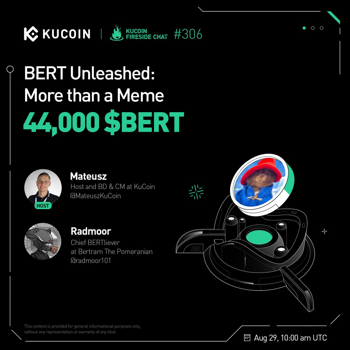 🔥 Don’t miss the #KuCoinFireSideChat with <a href="/bertcoincto/">Bert 🧸 🐶</a>!

🎁 44,000 $BERT to win!
 
1. Follow <a href="/kucoincom/">KuCoin</a>, <a href="/BC_KuCoin/">BC Wong</a>, &amp; <a href="/bertcoincto/">Bert 🧸 🐶</a>
2. Join the space: x.com/i/spaces/1lDxL…
3. Complete Gleam form: gleam.io/2nBgo/kucoin-x… 

Show your support to $BERT on #KuCoin now⤵️
