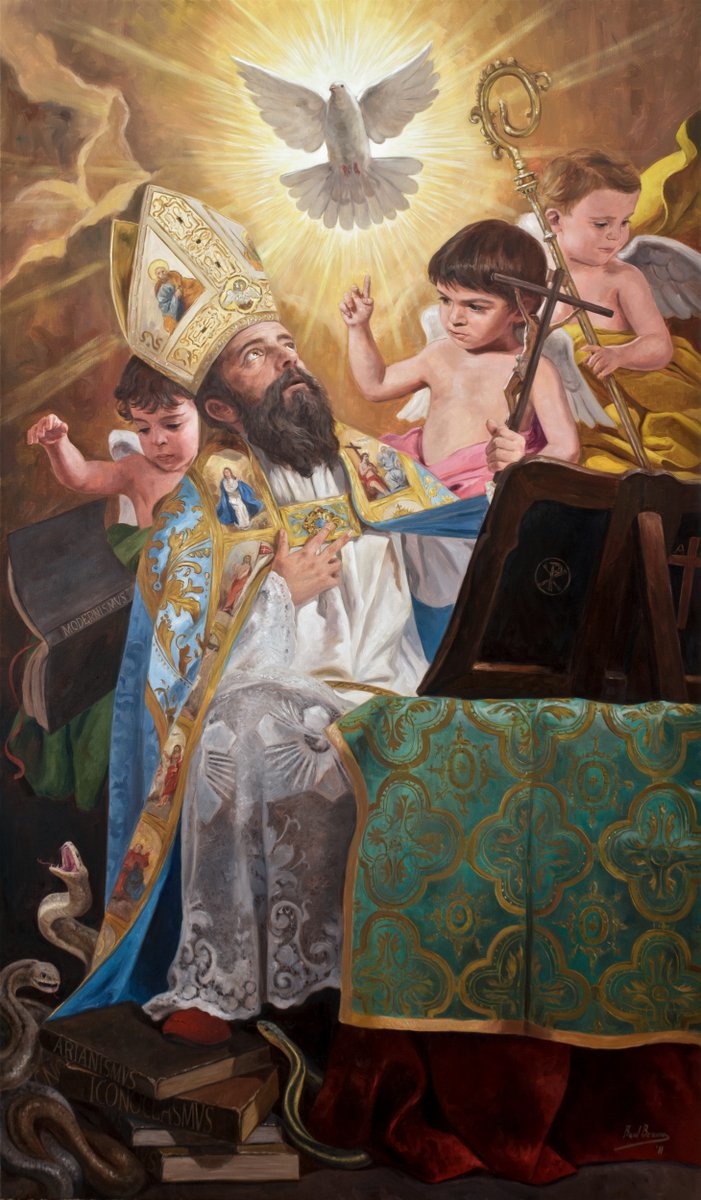 Hoy se celebra San Agustín de Hipona.    

En el 2011 realicé una obra donde reflejaba el catolicismo, para pintarla me fije en la figura de San Agustín, padre y doctor de la Iglesia católica.  

Esta pintura se encuentra en el Oratorio de Santa María Reina (Málaga).