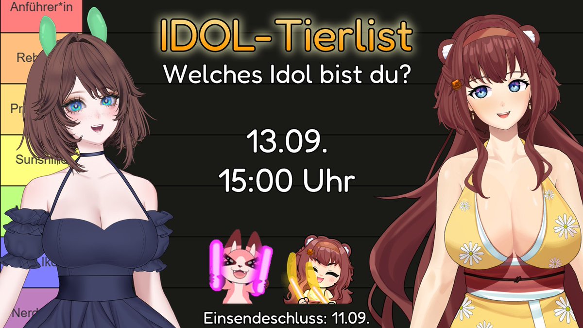 Hide 🐻 | 🇩🇪 VTuber (@hideyoshi94) on Twitter photo Am 13.09. feiern wir meinen Geburtstag mit meiner allerersten Tierlist! 🥳❤️
Die super liebe <a href="/CallMePenpai/">CallMePenpai🌈 I 🟪 Twitch Partner Push 🟪</a> und ich entscheiden: Welches Idol bist du?🎤🥰
Egal ob VTuber oder nicht, wenn du einen OC hast poste ihn gerne in den Kommentaren! ❤️
Wir freuen uns auf euch! 💐🥰 Am 13.09. feiern wir meinen Geburtstag mit meiner allerersten Tierlist! 🥳❤️
Die super liebe <a href="/CallMePenpai/">CallMePenpai🌈 I 🟪 Twitch Partner Push 🟪</a> und ich entscheiden: Welches Idol bist du?🎤🥰
Egal ob VTuber oder nicht, wenn du einen OC hast poste ihn gerne in den Kommentaren! ❤️
Wir freuen uns auf euch! 💐🥰