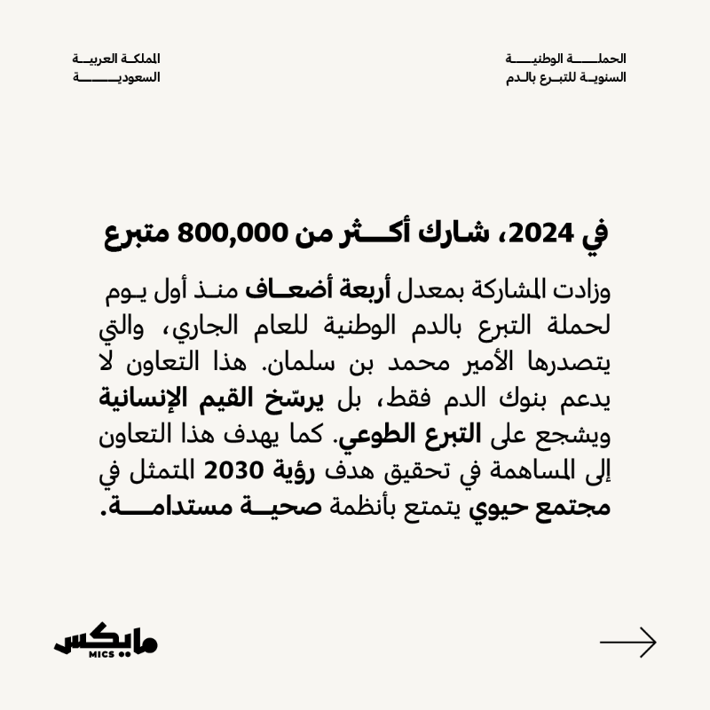MicsPod's tweet photo. من ذراعك تقدر تمرّر الحياة لغيرك.. عطاء بسيط، يقربنا من هدفنا: 100% تبرع طوعي ضمن رؤية 2030.

بوعينا.. حنّا بخير ❤️‍🩹

#حملة_ولي_العهد_للتبرع_بالدم